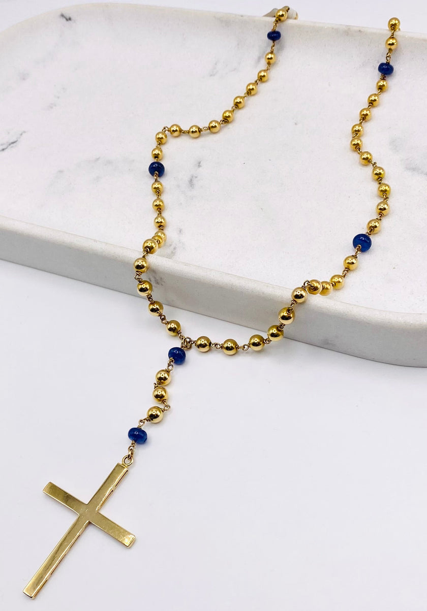 Crucifijo bolita azul 18k,  56cm x 5.4mm